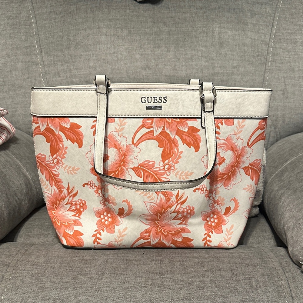 GUESS Cream Tote with Coral Floral Motif